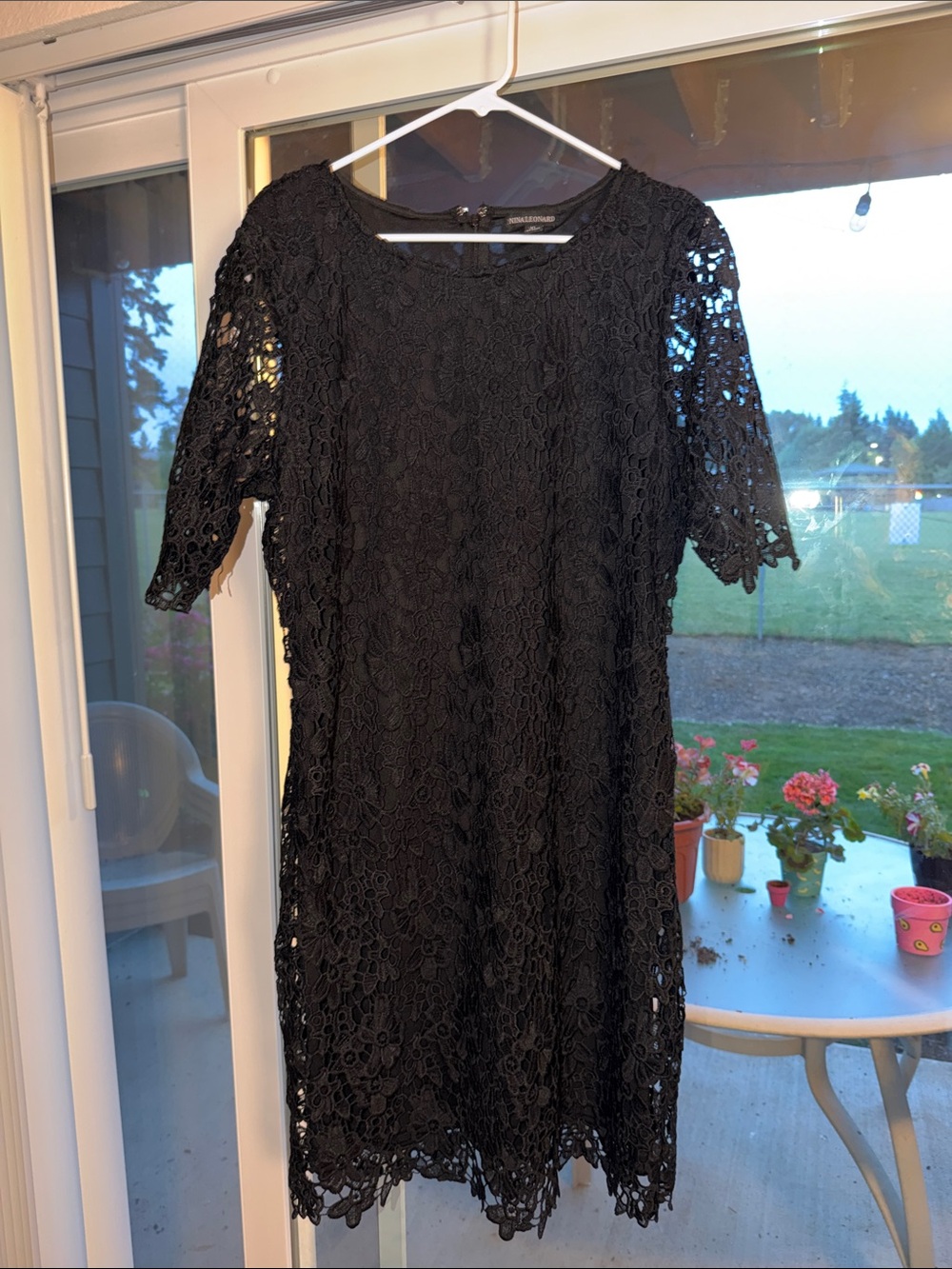 Nina Leonard Black Lace Midi Cocktail Dress with Crochet Overlay - Picture 2 of 4
